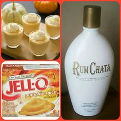Rumchata Pumpkin Spice Jello Shots [Mix together 3/4 c milk, 3/4 c Rumchata, 1 small package of pumpkin spice pudding; Add an 8 oz Cool Whip tub slowly; Pour into shot glasses; Freeze for 2 hours]