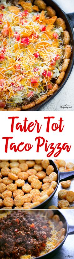Tater Tot Taco Pizza is a mouthwatering combo of two of your favorite eats: tacos and pizza! The tater tot crust makes this dinner recipe even more fun. This would be a great recipe to serve at a party, potluck or on game day! You can customize it with your favorite taco toppings.