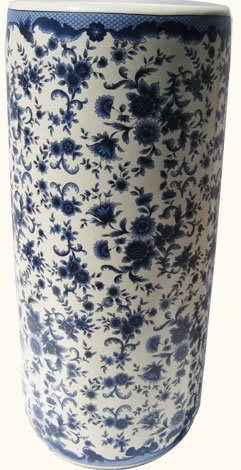 18" High Rustic Chinese Porcelain Umbrella Stand with Painted Blue & White Floral Design. Umbrella Stand