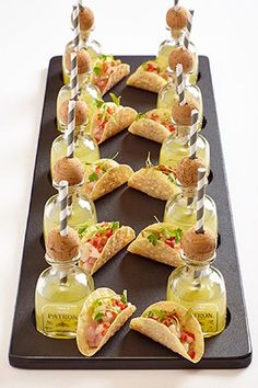 Trending: stylish mini appetizer and drink pairings, like these mini Patron margaritas with taco bites.