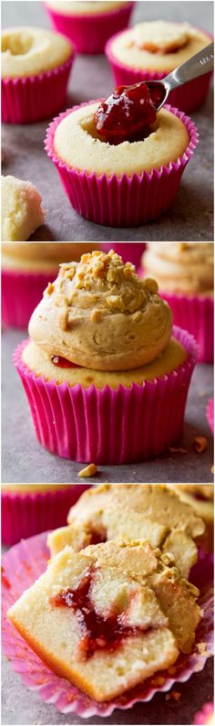 Soft and fluffy vanilla cupcakes topped with peanut butter frosting and filled???