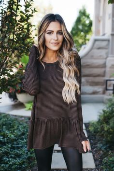 Brown Striped Baby Doll Long Sleeve Top - Dottie Couture Boutique