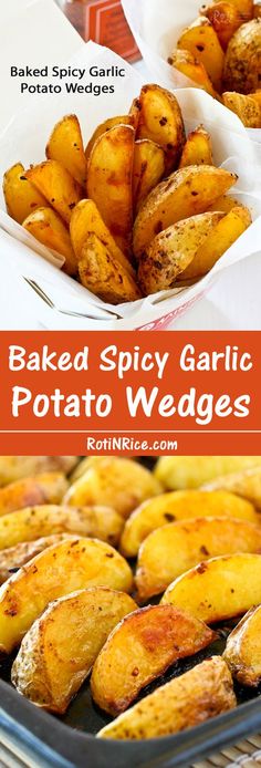 Delicious Baked Spicy Garlic Potato Wedges that are crunchy on the outside and soft on the inside with a slightly spicy and garlicky flavor - yum!!