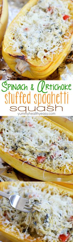 This recipe for Spinach & Artichoke Stuffed Spaghetti Squash is super easy and is a fabulous, flavorful, healthy meatless main or side dish. A healthy dish you can feel good about eating! <a class="pintag searchlink" data-query="%23ad" data-type="hashtag" href="/search/?q=%23ad&rs=hashtag" rel="nofollow" title="#ad search Pinterest">#ad</a>