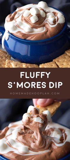 Fluffy S'mores Dip! Fluffy marshmallow and chocolate dips are swirled together to make this easy and fun chilled party dip. No heating or melting required! | <a href="http://HomemadeHooplah.com" rel="nofollow" target="_blank">HomemadeHooplah.com</a>