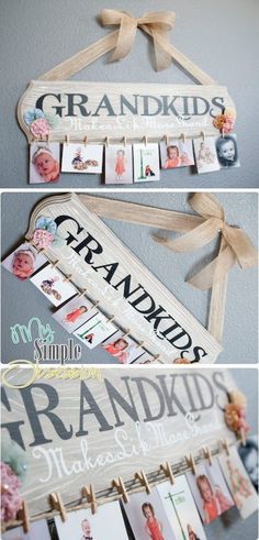 DIY Family Photo Display. Such a cute family photo display and it will be easy to switch out the pictures when you need to! A great gift idea for your grandparents!
