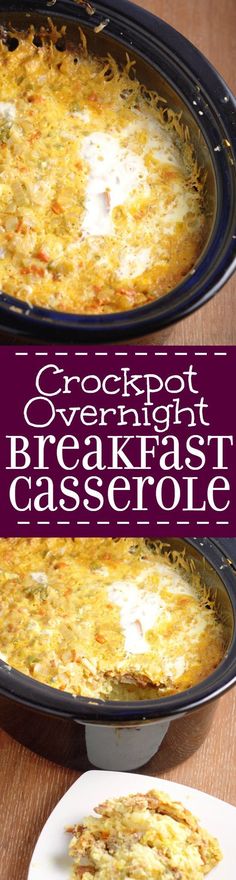 Crockpot Overnight Breakfast Casserole recipe is a classic make ahead breakfast casserole with eggs, sausage, bacon, hash browns, and cheese.