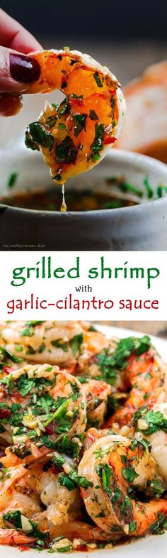 Grilled Shrimp with Roasted Garlic-Cilantro Sauce. Easy and o-so-delicious appetizer! From The Mediterranean Dish.