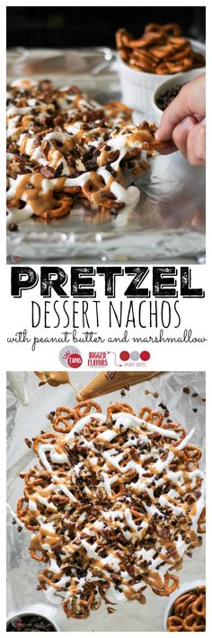 Pretzel Dessert Nachos are a new twist on a savory favorite. Salty pretzels used as chips and topped with peanut butter, marshmallow cream, chocolate chips, and buttery toasted pecans. Pretzel Dessert Nachos Recipe | Take Two Tapas