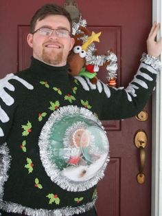 Snow Globe DIY Ugly Sweater | This ugly Christmas sweater inspired...and quite tacky. Make a snow globe for your sweater!