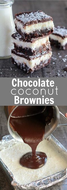 Chocolate Coconut Brownies - Fudgy brownies topped with a layer of creamy sweet coconut, and finished with a smooth chocolate ganache. Use your favorite boxed or homemade brownie recipe for this decadent triple layer dessert.