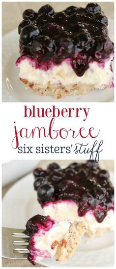Blue Jamboree on SixSistersStuff.com | A delicious pecan shortbread crust layered with whipped cream and cream cheese filling, and topped off with a fresh blueberry topping.