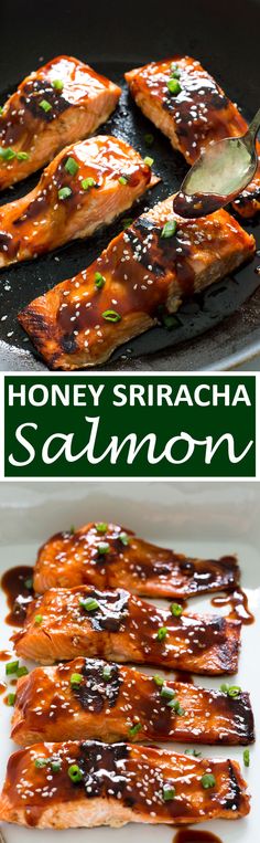 Sweet and Spicy Honey Sriracha Salmon. A super easy and healthy dinner. Serve???