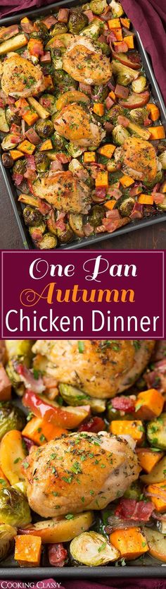 One Pan Autumn Chicken Dinner - easy to make and clean up is a breeze! Brussels sprouts, apples, sweet potatoes, bacon, shallots and herb chicken. Delicious! <a class="pintag" href="/explore/healthy/" title="#healthy explore Pinterest">#healthy</a> <a class="pintag" href="/explore/fall/" title="#fall explore Pinterest">#fall</a> <a class="pintag" href="/explore/recipe/" title="#recipe explore Pinterest">#recipe</a>