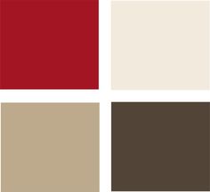 Example palette: This potential palette features a luscious, saturated red and a rich chocolate brown. Clockwise from top left (all from Glidden): Candy Apple, Swiss Coffee, Bittersweet Chocolate, and Soft Suede.