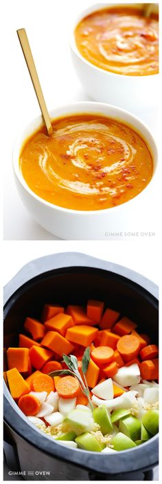 Slow Cooker Butternut Squash Soup -- easy to make, naturally vegan and gluten-free, and SUPER good! | <a href="http://gimmesomeoven.com" rel="nofollow" target="_blank">gimmesomeoven.com</a>