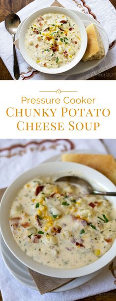 Creamy Pressure Cooker Potato Cheese Soup loaded with chunky potatoes, bacon, corn and two kinds of cheese. A hearty soup ready in just minutes in the pressure cooker.