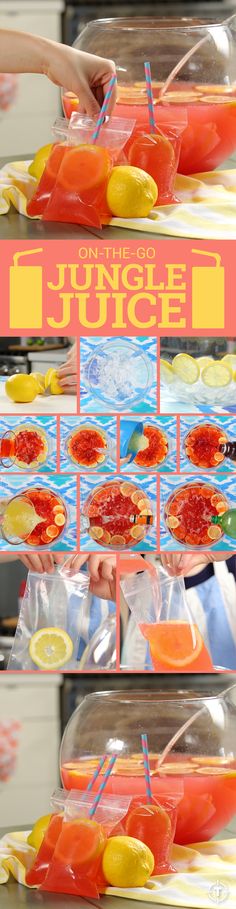 We just came up with the most amazing boozed-up DIY ever. Perfect for the summer. INGREDIENTS: 4 cans of frozen lemonade concentrate, 1 cup of cranberry juice, 46oz Hawaiian Punch, 2L ginger ale, 1 46oz can of pineapple juice 2 lemons thinly sliced, 750ml Citron vodka, 750ml vodka, 2 cups triple sec, Ice, 4x6" zipper bags. Optional: use a hole punch to make holes above the seal of the bag. Tie each end of a long piece of twine to a hole, and wear your jungle juice for hands-free party time.