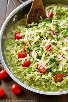 Parmesan Pesto Risotto with Cherry Tomatoes | Extra-creamy and extra-flavorful classic risotto packed with lots of pesto and juicy cherry tomatoes. Perfect for summer! Sarah | Whole and Heavenly Oven