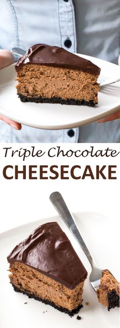 Soft and Creamy Triple Chocolate Cheesecake. Oreo Cookie crust layered with chocolate cheesecake and topped with chocolate ganache. The perfect cheesecake for chocolate lovers! | <a href="http://chefsavvy.com" rel="nofollow" target="_blank">chefsavvy.com</a> <a class="pintag" href="/explore/recipe/" title="#recipe explore Pinterest">#recipe</a> <a class="pintag searchlink" data-query="%23triple" data-type="hashtag" href="/search/?q=%23triple&rs=hashtag" rel="nofollow" title="#triple search Pinterest">#triple</a> <a class="pintag" href="/explore/chocolate/" title="#chocolate explore Pinterest">#chocolate</a> <a class="pintag" href="/explore/cheesecake/" title="#cheesecake explore Pinterest">#cheesecake</a> <a class="pintag" href="/explore/dessert/" title="#dessert explore Pinterest">#dessert</a> <a class="pintag" href="/explore/cream/" title="#cream explore Pinterest">#cream</a> <a class="pintag" href="/explore/cheese/" title="#cheese explore Pinterest">#cheese</a>