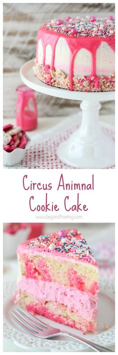 If you like Circus Animal Cookies, you will love this cake! It???s an easy vanilla tye dye cake, vanilla buttercream and Circus Animal cookies. It???s covered in a pink chocolate ganache and sprinkles.
