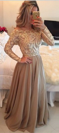 gold long sleeves prom dress evening dress, party dress