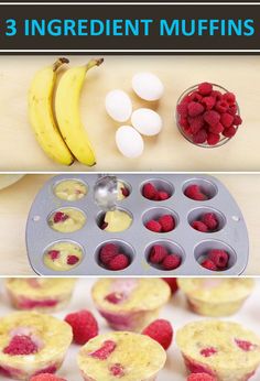 Flourless 3-Ingredient Berry Egg Muffins Recipe. 2 mashed ripe bananas, 4 eggs, and any berry of your choice in a mini muffin tin Bake at 375 for about 12 minutes