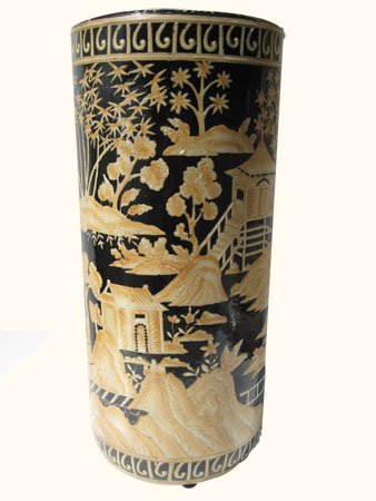 18" High Rustic Chinese Porcelain Umbrella Stand with Hand Painted Black & Beige Landscape Design. Umbrella Stand