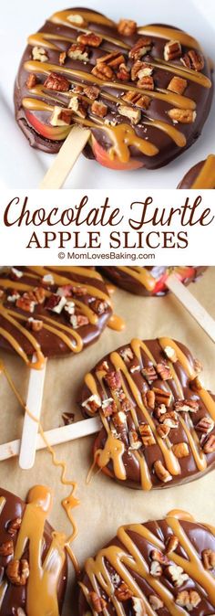 Chocolate Turtle Apple Slices are thick slices of Fuji apples covered in melted chocolate, drizzled with caramel and topped with nuts. Find the recipe on <a href="http://MomLovesBaking.com" rel="nofollow" target="_blank">MomLovesBaking.com</a>