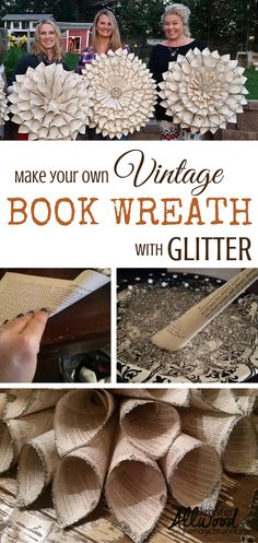 Plan a Crafting Party with this great idea of making vintage glittered book wreaths! Easy to do. Find a thrift store book now! From <a href="http://theMagicBrushinc.com" rel="nofollow" target="_blank">theMagicBrushinc.com</a>
