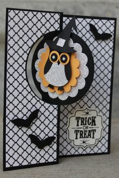 handmade Halloween card ... Trick or Treat... black and white with a pop of orange ... two step owl punch dressed as a pilgrim ... tooo cute!! ... Stampin' Up!