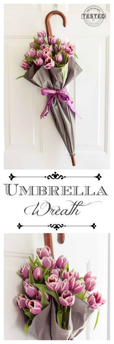 So pretty for spring or Easter! This Umbrella Wreath is easy to make. Great tip if you want to use fresh flowers!