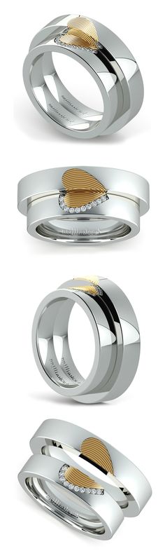 Matching Heart Fingerprint Inlay Wedding Ring Set in White and Yellow Gold