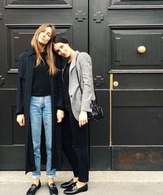 Tordini sisters, jeans, blue trench coat, grey blazer, flat shoes, Gucci Loafers, street style