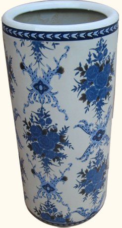 18" High Rustic Chinese Porcelain Umbrella Stand with Painted Blue & White Pattern. Umbrella Stand