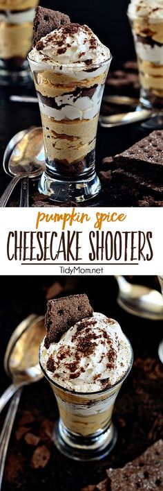 A shot of no-bake Pumpkin Spice Cheesecake with a chocolate graham cracker crust and whipped topping for the perfect fall dessert. Get the recipe at <a href="http://TidyMom.net" rel="nofollow" target="_blank">TidyMom.net</a>