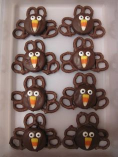 Turkey Treats -- Dip Oreos in melted chocolate- Add Wilton Candy eyes and candy corn for the nose with frosting. Place on chocolate frosted preztels.