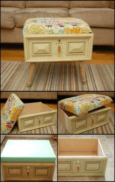 How To Turn An Old Drawer Into An Ottoman http://theownerbuildernetwork.co/c6z2 Having storage spaces within your furniture is a clever way to keep a house clutter free, especially if your rooms are small. This ottoman is a great addition to the living room or even the bedroom where you could hide photo albums, books or other belongings not used very frequently.