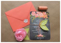 Adorable wedding invitation DIY. Adding to the floral invitation with baker's twine and leaf cutouts, this bridal DIY project adds extra flair to your wedding invitation.