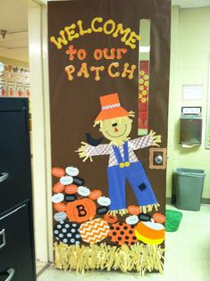 &quot;Welcome to Our Patch&quot; - Write your students&#39; names on the pumpkins and design a large scarecrow for this fall classroom door display idea.