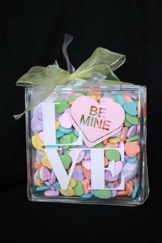 Happy Valentine's! Uppercase Living vinyl lettering on a glass block and then fill it with candy. Cute!! http://sharonm.uppercaseliving.net