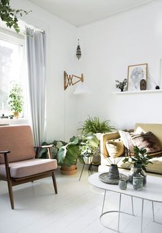 danish modern, retro, houseplants, wire planter, mustard yellow sofa, scandinavian interior, apartment, boho chic, botanical decor