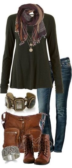 Like this look. Love the scarf with the long necklaces. Boots are right up my ally.