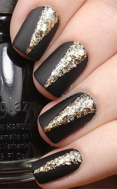 Elegant black and gold ensemble. There???s nothing more classic than black matte nail polish with gold embellishments on top to make just about any winter outfit stand out. Source