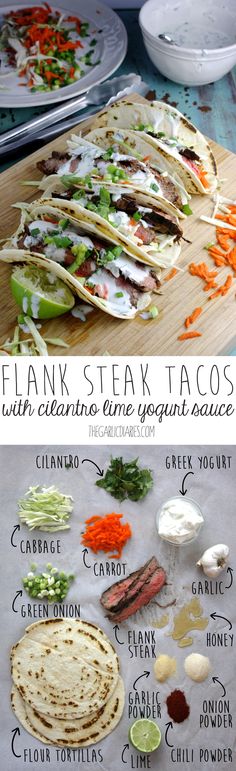 by Flank Steak Tacos with Cilantro Lime Yogurt Sauce by thegarlicdiaries <a class="pintag" href="/explore/Tacos/" title="#Tacos explore Pinterest">#Tacos</a> <a class="pintag" href="/explore/Beef/" title="#Beef explore Pinterest">#Beef</a> <a class="pintag" href="/explore/Healthy/" title="#Healthy explore Pinterest">#Healthy</a> <a class="pintag" href="/explore/Fresh/" title="#Fresh explore Pinterest">#Fresh</a>