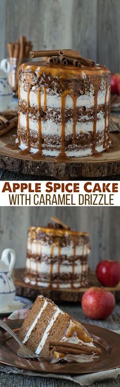 This apple spice cake with caramel drizzle is the best naked cake for fall! With applesauce in the batter, it???s moist and delicious!