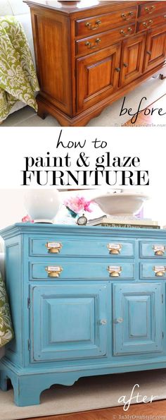 Painted furniture tutorial. Add more depth to a painted finish on furniture with glaze. Glaze is nothing more than a clear medium that you add color to. It is not shiny unless you want it to be. Read this post to find out more. It is so easy to do. I used white glaze over turquoise chalk paint paint that I made myself to do this furniture makeover. | In My Own Style