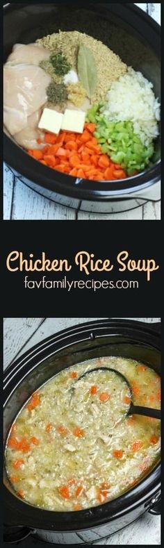Slow Cooker Chicken and Rice Soup is an easy chicken soup recipe. All of the raw ingredients go in the slow cooker and a nice, warm soups awaits six hours later. via Favorite Family Recipes