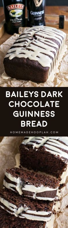 Baileys Dark Chocolate Guinness Bread! Rich and dark chocolate Guinness bread laced with chocolate chips and walnuts then frosted with a sweet Baileys glaze. | <a href="http://HomemadeHooplah.com" rel="nofollow" target="_blank">HomemadeHooplah.com</a>