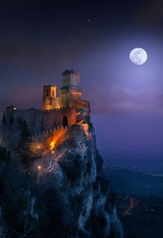Guaita Castle at full moon in San Marino, Italy
